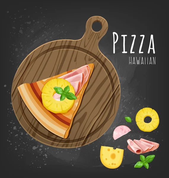 Pizza slice op bestuur en ingrediënten — Stockvector