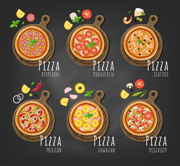 Pizza op het bestuur en ingrediënten — Stockvector