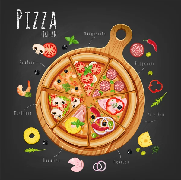 Pizza en el tablero e ingredientes — Vector de stock