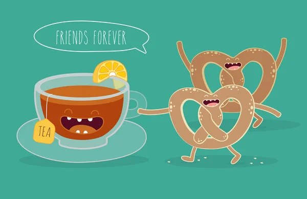 Personajes cómicos té y pretzels . — Vector de stock