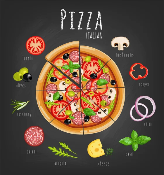 Pizza et ingrédients pour pizza — Image vectorielle