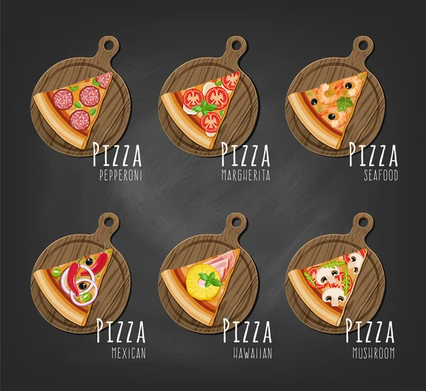 Rebanada de pizza en el tablero e ingredientes — Vector de stock