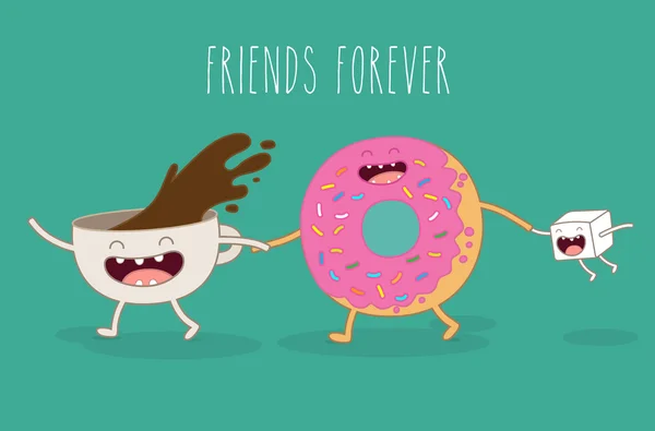 Καφέ ζάχαρη και ντόνατ φίλοι για πάντα — Διανυσματικό Αρχείο