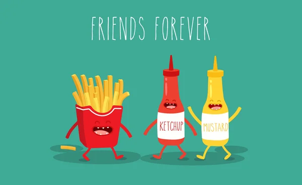 French fries, mustard and ketchup. — Stock Vector