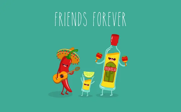 Botella de tequila, tequila y chile . — Vector de stock