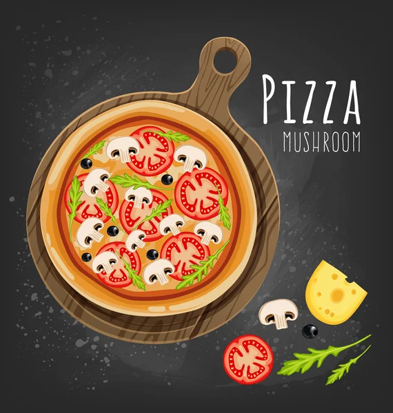 Pizza op het bestuur en ingrediënten — Stockvector