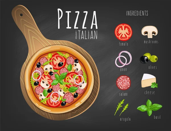 Pizza no tabuleiro e ingredientes —  Vetores de Stock