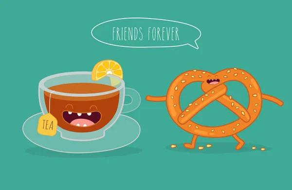 Personagens cômicos chá e pretzel . — Vetor de Stock