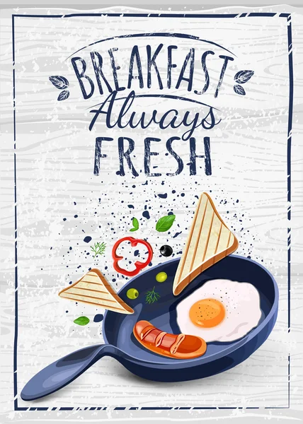 Fried egg and sausage on pan. Vector Graphics