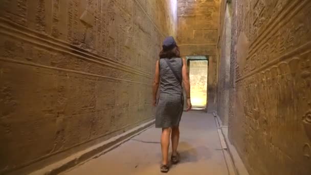Una Joven Visitando Interior Del Templo Edfu Cerca Ciudad Asuán — Vídeo de stock