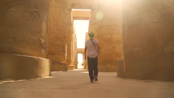 Mladá Žena Procházející Karnakovým Chrámem Jeho Krásnými Hieroglyfickými Sloupy Velkým — Stock video