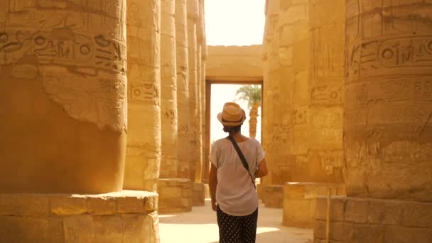 Uma Jovem Mulher Visitando Templo Karnak Suas Belas Colunas Hieroglíficas — Vídeo de Stock