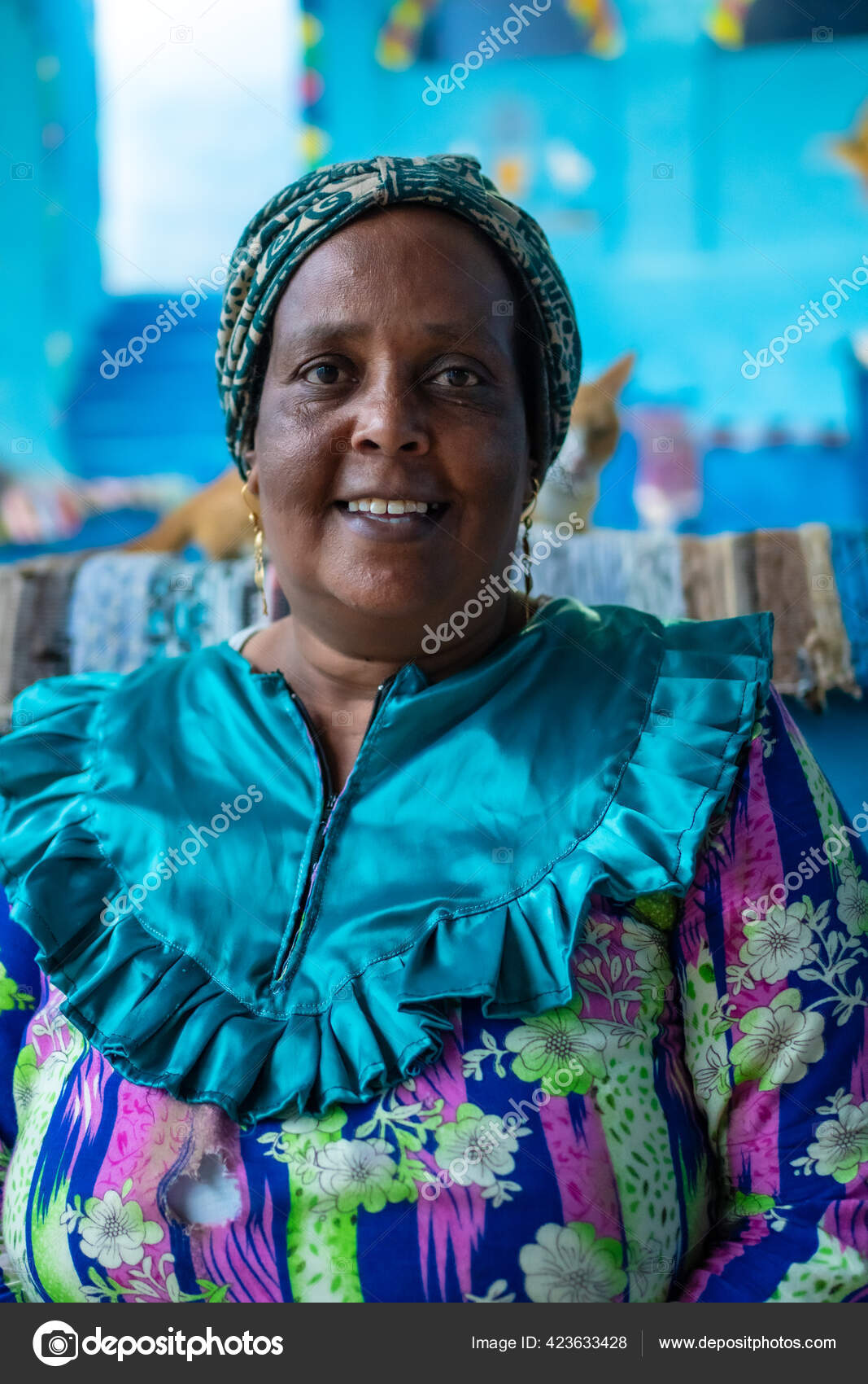 Aswan Egypt October 2020 Portrait Nubian Woman Traditional Blue Dress