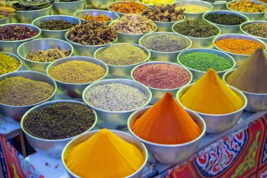 Nil nehri boyunca ve Aswan kenti yakınlarında Nubian köyünde renkli türler pazarı. Mısır