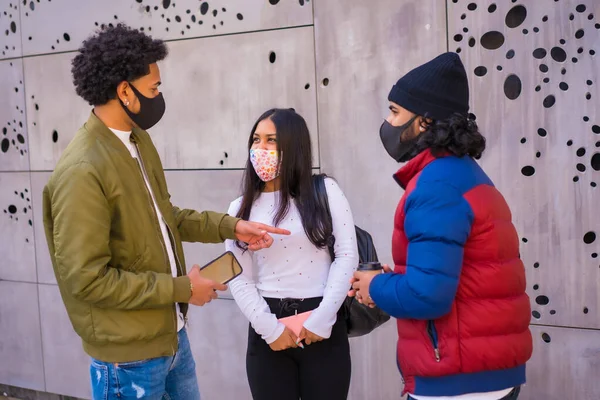 Lifestyle Three Black Latino Friends Talking Street Having Fun Face — Stock Photo, Image