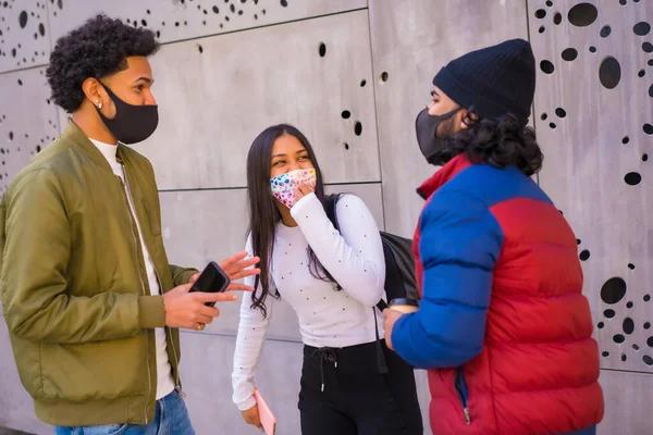 Lifestyle Three Black Latino Friends Talking Street Having Fun Face — Stock Photo, Image