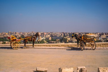 Giza Piramitleri 'ndeki atlı işçiler dünyanın en eski cenaze anıtı. Mısır 'ın Kahire şehrinde