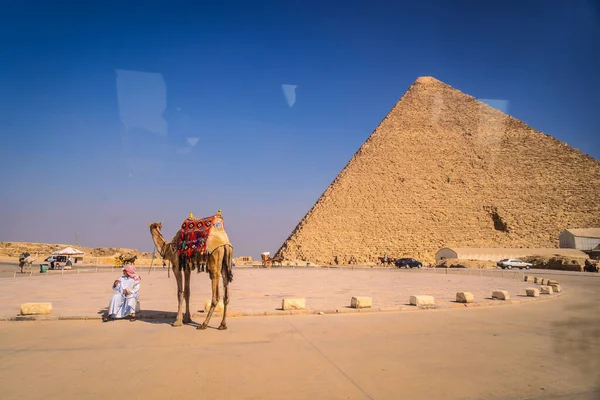 Man Och Kamel Vid Pyramiderna Giza Det Äldsta Begravningsmonumentet Världen — Stockfoto