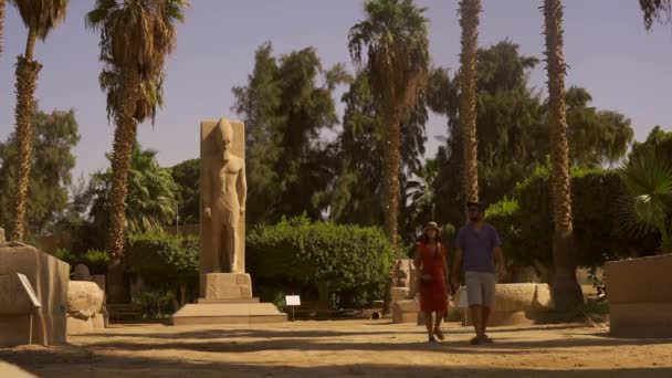 一对游客夫妇参观了埃及开罗孟菲斯的法老拉姆斯二世雕塑 古老的城市 在这个城市里 人们崇拜着Ptah神 — 图库视频影像