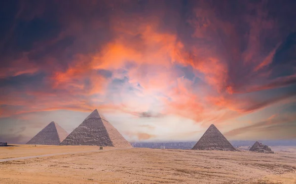 Pyramids Giza Sunset Oldest Funerary Monument World City Cairo Egypt — Stock Photo, Image