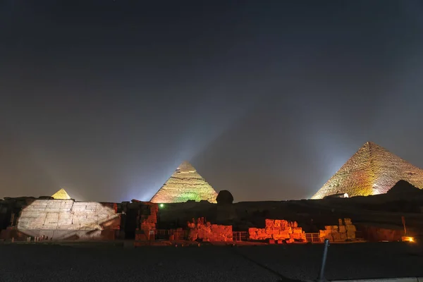 Spectacle Sonore Lumineux Dans Les Magnifiques Pyramides Sphinx Gizeh Nuit — Photo