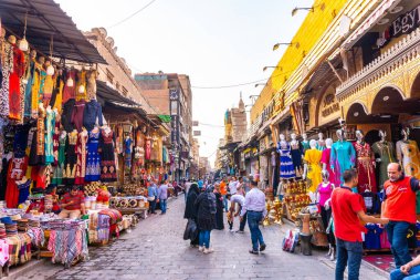 Cairo, Egypt; October 2020: Streets and local shops in Khan el-Khalili bazaar in Cairo clipart