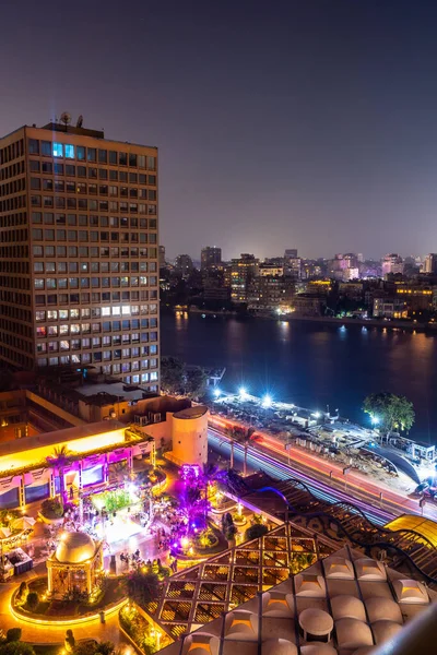 Vista Aérea Cidade Cairo Noite Longo Rio Nilo Skyline Cidade — Fotografia de Stock