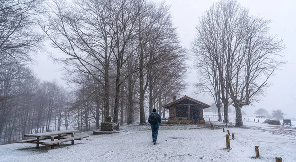 Gipuzkoa 'da Aizkorri Dağı' nın yanında yürüyen genç bir adam. Kış karları altında karlı bir manzara. Bask Ülkesi, İspanya