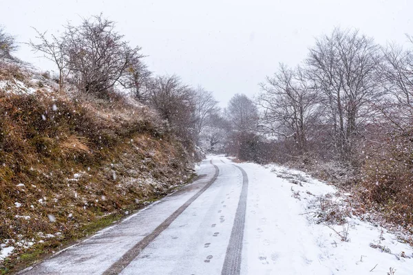 Autospuren Auf Dem Weg Zum Aizkorri Gipuzkoa Schneelandschaft Durch Winterlichen — Stockfoto