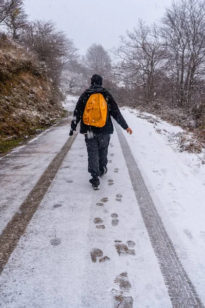 Gipuzkoa Dağı 'nın karlı yolunda eğlenen genç bir adam. Kış karları altında karlı bir manzara. Bask Ülkesi, İspanya
