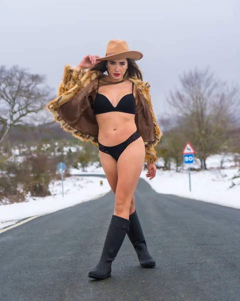 Model Girl Underwear Cowboy Hat Leopard Sweater Road Enjoying Cold — Stock Photo, Image