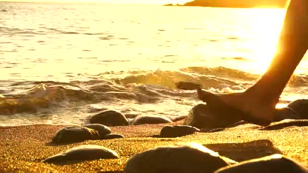一名年轻人日落时在加那利群岛拉帕尔马岛上的塔萨科特港海滩上散步 西班牙 — 图库视频影像