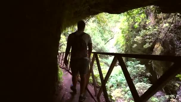 カナリア諸島のラ パルマ島の北東海岸にあるロス ティノス自然公園の峡谷のトンネルを歩いている若い男 スペイン — ストック動画