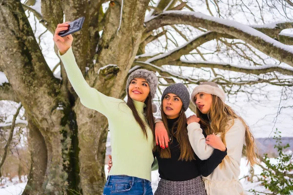 Zimowy Styl Życia Trzech Pięknych Białych Przyjaciół Robiących Selfie Telefonem — Zdjęcie stockowe