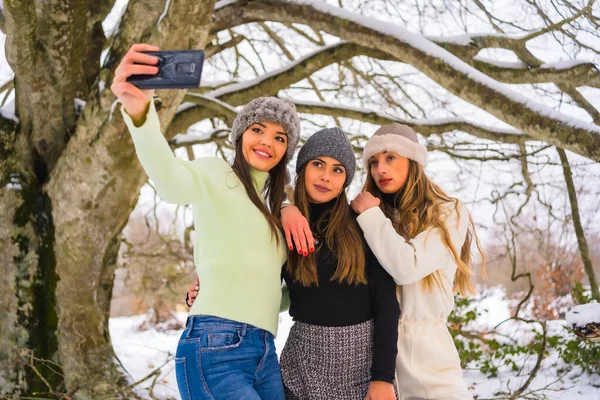 Zimowy Styl Życia Trzech Pięknych Białych Przyjaciół Robiących Selfie Telefonem — Zdjęcie stockowe
