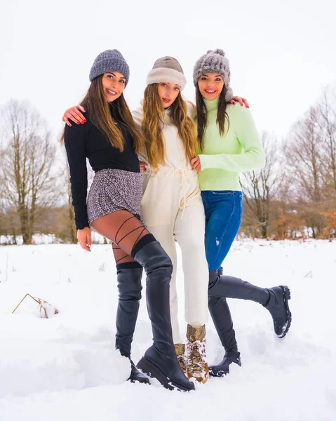 Χειμερινός Τρόπος Ζωής Τρεις Όμορφες Καυκάσιοι Φίλοι Χειμωνιάτικα Ρούχα Και — Φωτογραφία Αρχείου