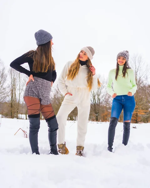 Estilo Vida Invernal Tres Amigos Caucásicos Con Atuendo Invierno Sombreros — Foto de Stock
