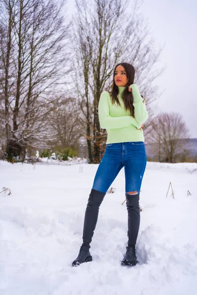 Estilo Vida Inverno Retrato Jovem Bonita Morena Caucasiana Roupa Verde — Fotografia de Stock