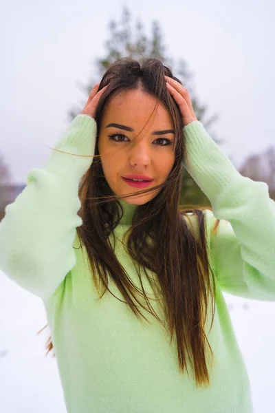 Зимний Образ Жизни Портрет Молодой Красивой Брюнетки Белой Женщины Зеленом — стоковое фото