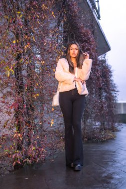 Genç, güzel beyaz esmer, kışın şehirde yürüyor, pembe yün bir kazak giyiyor. Sokak modası