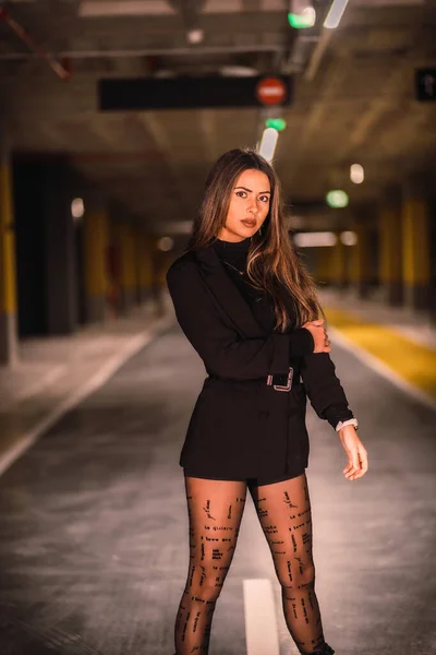 Young Caucasian Model Black Jacket Posing Empty Underground Car Park — Stock Photo, Image