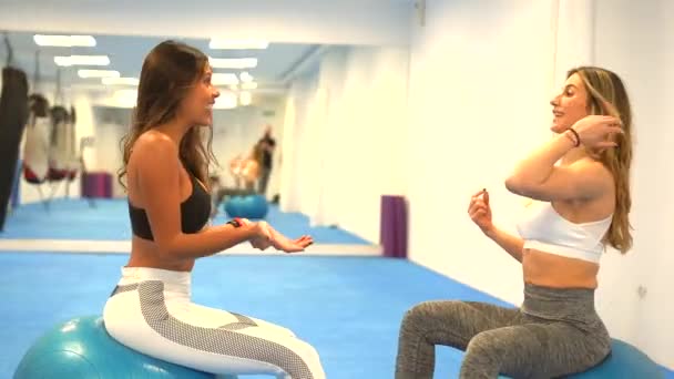 Flickvänner Ett Gym Chattar Innan Träning Välmående Ungdomen Och Hälsosamt — Stockvideo