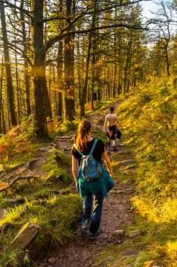 San Sebastian, Gipuzkoa yakınlarındaki Urnieta kasabasında Adarra Dağı 'nın gün batımında patikada bir çift. Bask Ülkesi