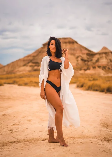 Young Brunette Caucasian Girl White Dress Black Bikini Posing Desert — Stock Photo, Image