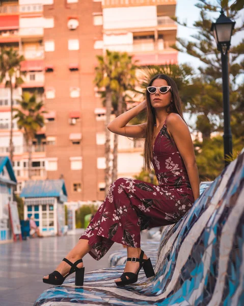 Street Style Young Brunette Maroon Floral Dress Modern White Sunglasses — 스톡 사진