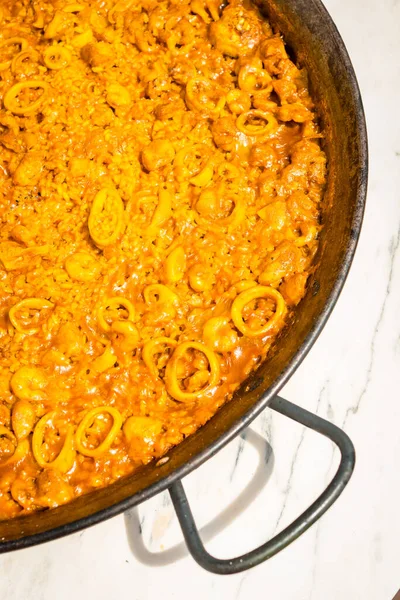 Details Valencian Paella Made Wood Vegetable Embers Traditional Spanish Mediterranean — Stock Photo, Image