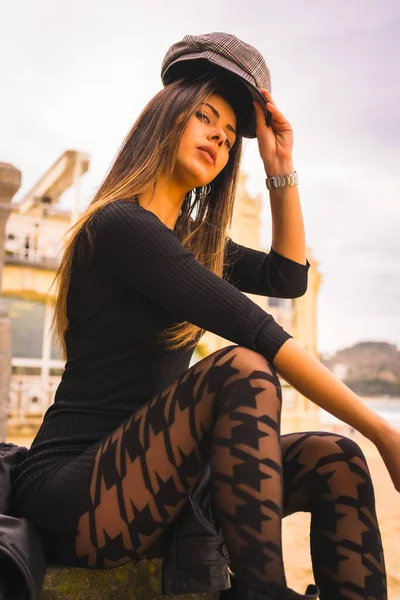 Lifestyle Portrait Brunette Caucasian Short Black Dress Plaid Tights Next — Stockfoto