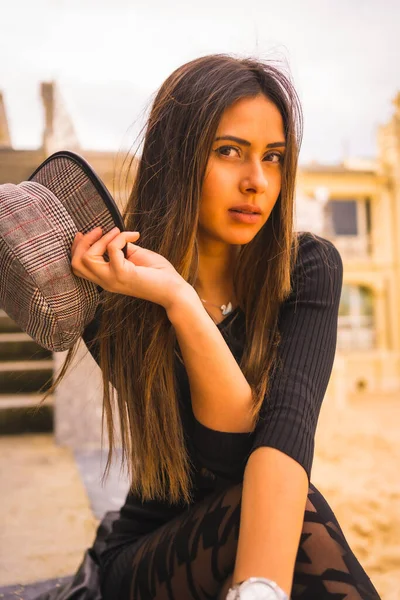 Lifestyle Caucasian Brunette Sitting Some Stairs Short Black Dress Beret — Stock Photo, Image