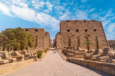 Amun 'un büyük mabedi Karnak Tapınağı' nda bir aslan bedeniyle firavunun heykeli. Mısır