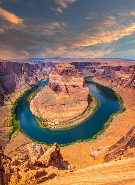 Puesta Sol Horseshoe Bend Río Colorado Fondo Arizona Estados Unidos — Foto de Stock